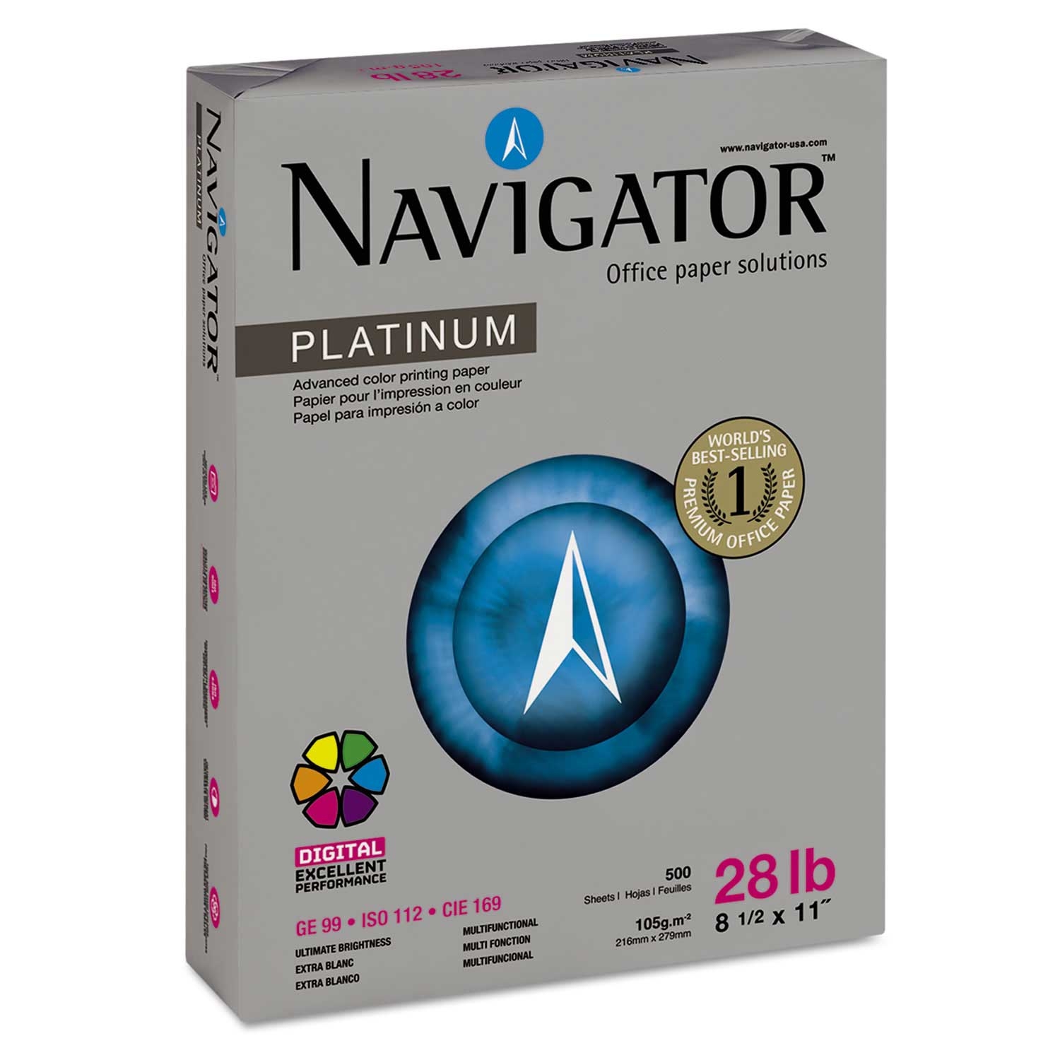 Navigator White 99 Bright Platinum Paper, 28 Pound - 500 count per reem -- 1 reem per case
