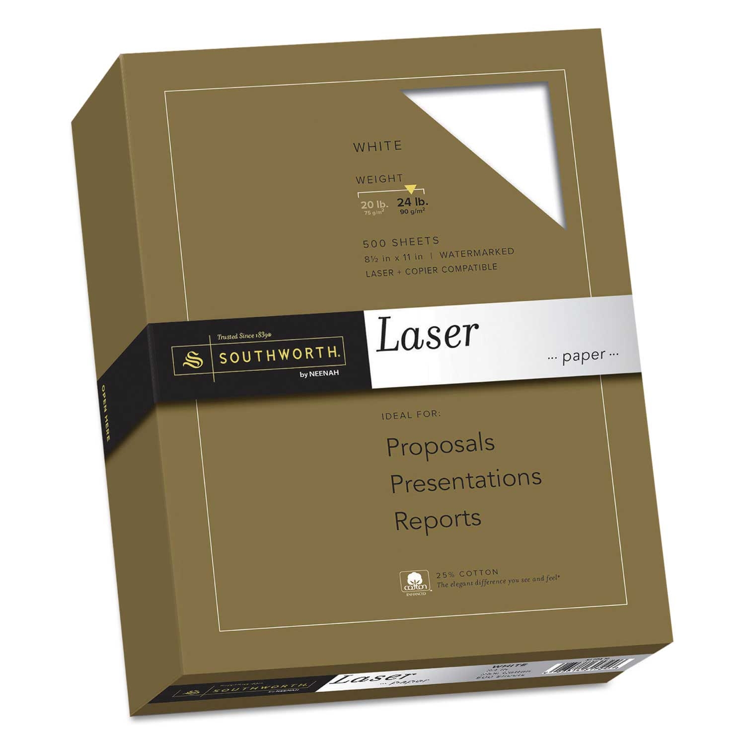 Southworth 25 Percent White Cotton Laser Paper, 8.5 x 11 inch - 500 count per reem -- 1 reem per case