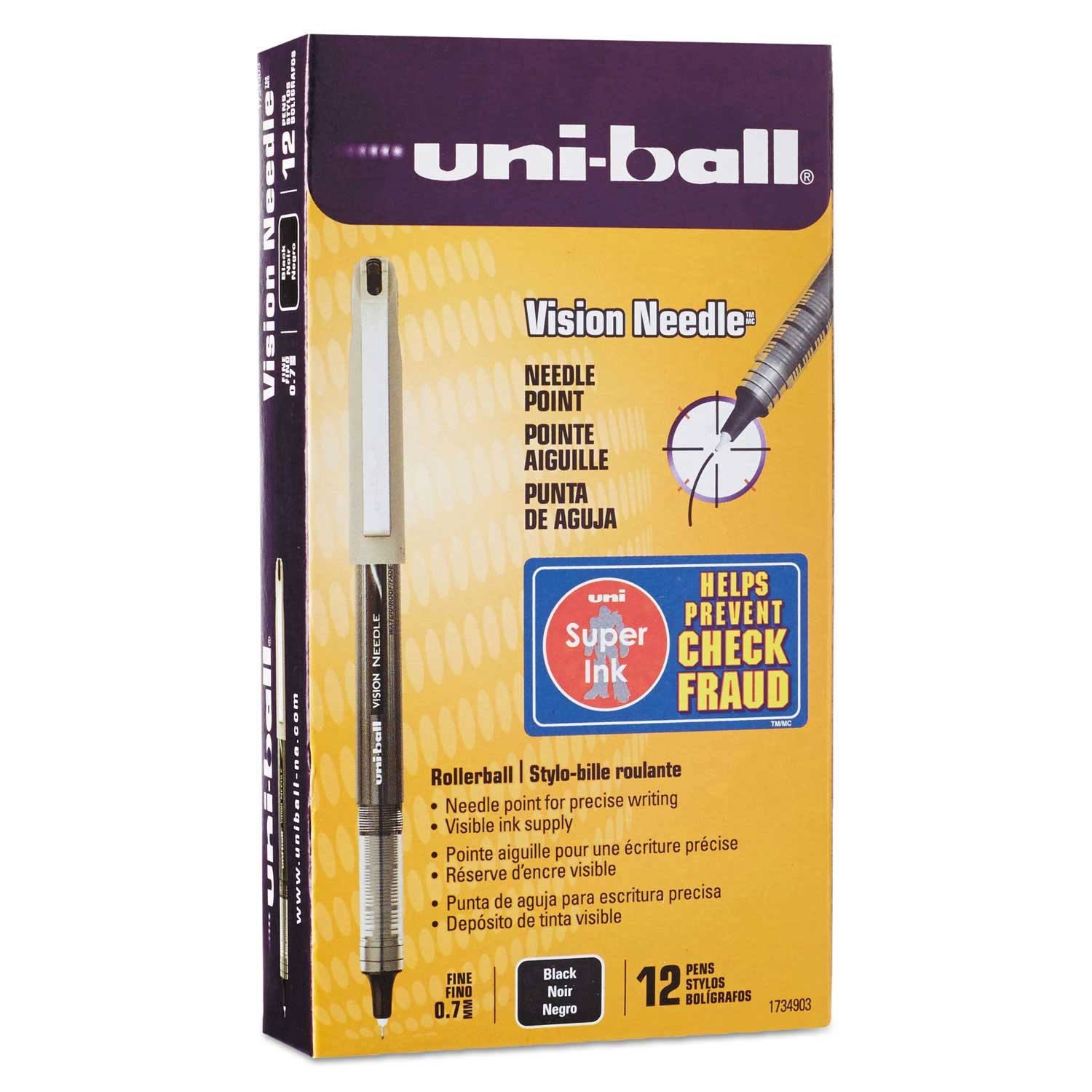 Uni Ball Vision Needle Silver Barrel Fine 0.7 mm Stick Roller Ball Pen with Black Ink -- 12 per case