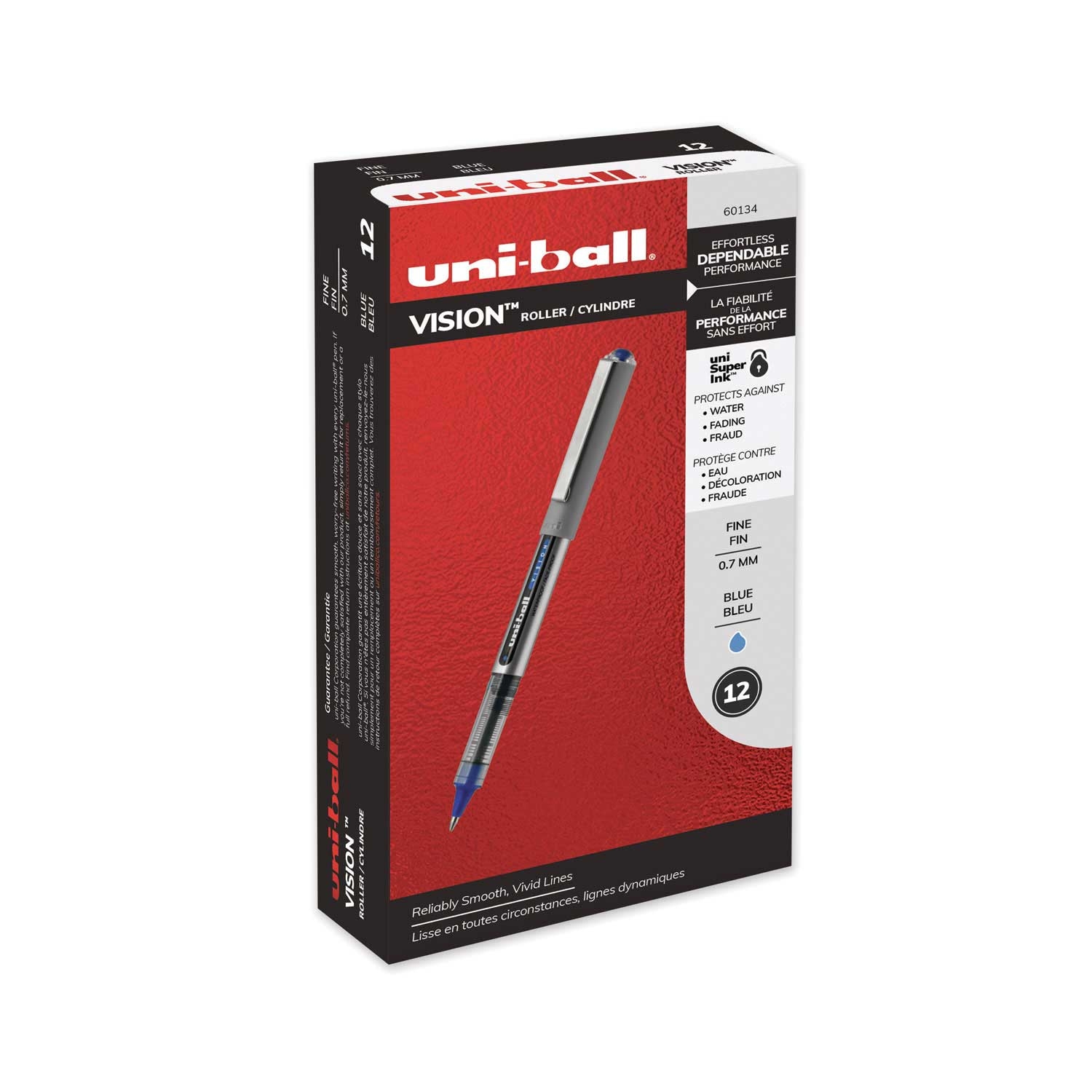 Uni Ball Vision Blue and Gray Barrel Fine 0.7 mm Stick Roller Ball Pen with Blue Ink -- 12 per case