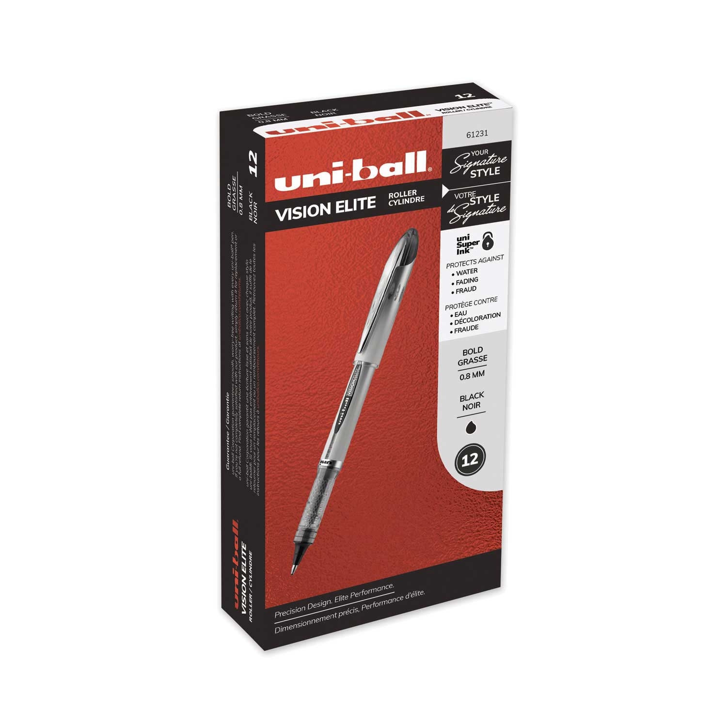 Uni Ball Vision Elite White and Black Barrel Bold 0.8 mm Stick Roller Ball Pen with Black Ink