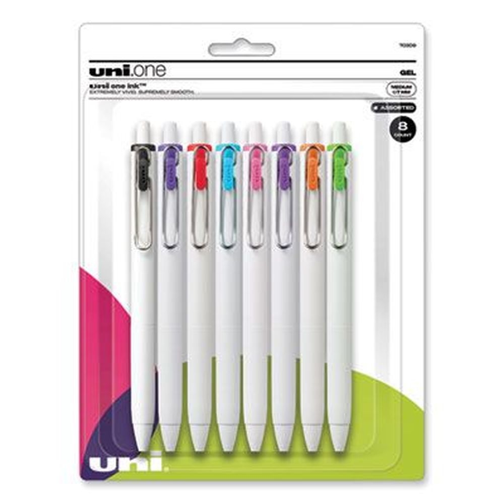uniball UniONE Retractable Inspirational Assortment Ink-Color White Barrel Medium 0.7 mm Gel Pen -- 8 per pack