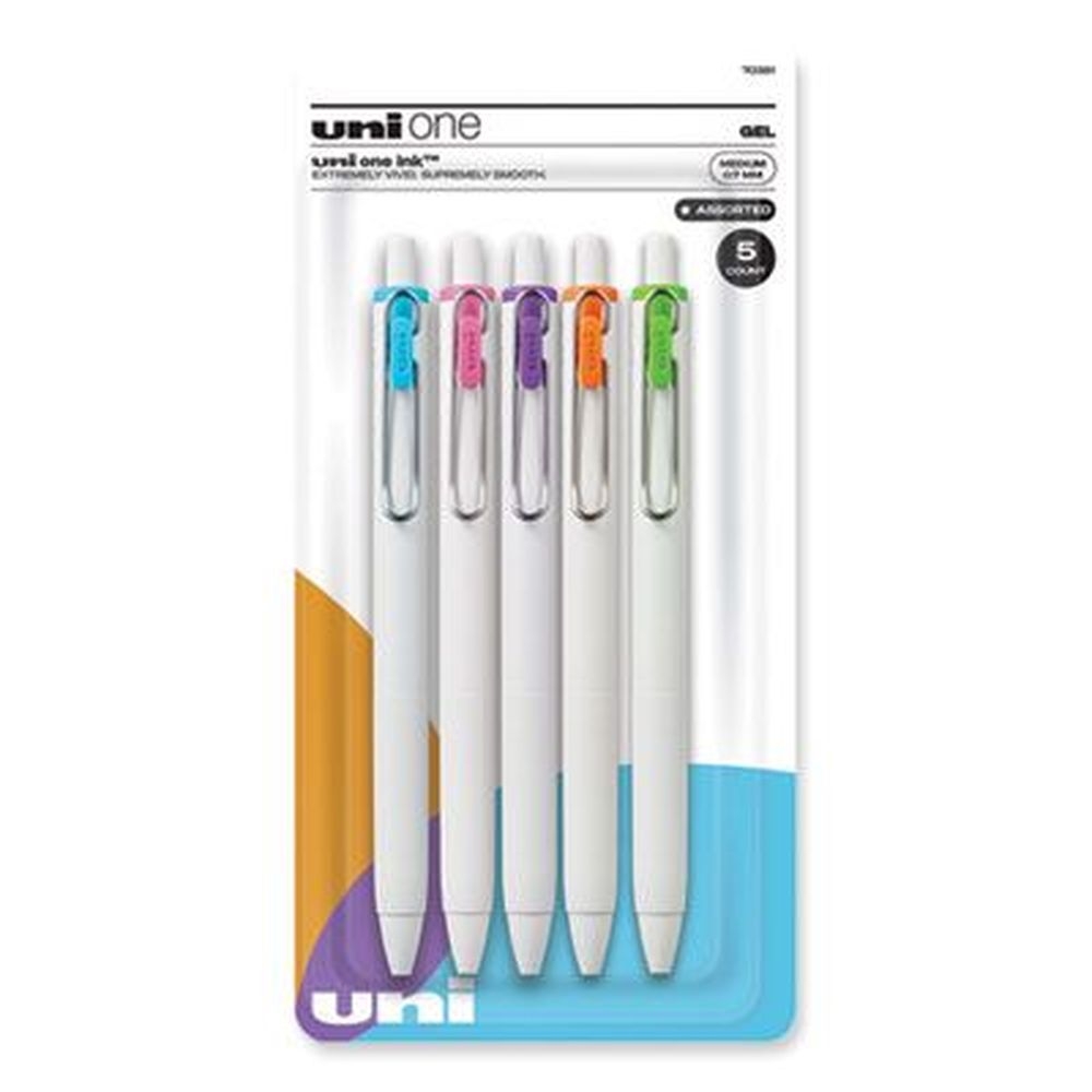 uniball uniONE Medium 0.7 mm Retractable White Barrel Gel Pen -- 5 per pack