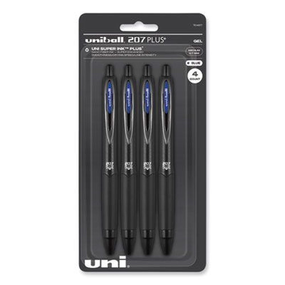uniball 207 Plus+ Medium 0.7 mm Retractable Blue Ink Black Barrel Gel Pen -- 4 per pack