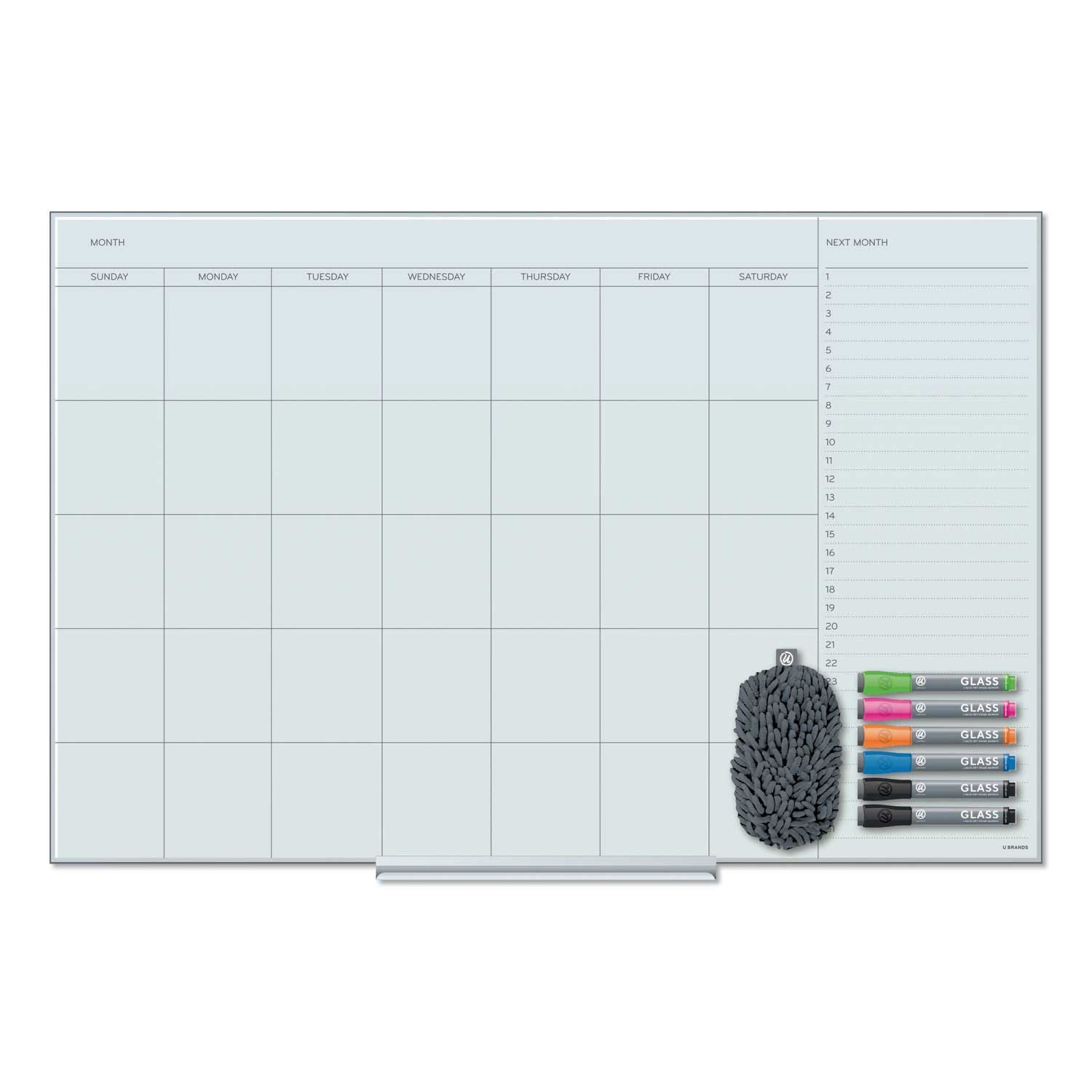 U Brands White Floating Glass Dry Erase Undated One Month Calendar, 36 x 24 inch