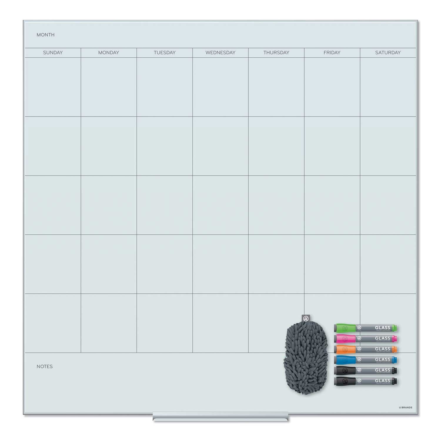 U Brands White Floating Glass Dry Erase Undated One Month Calendar, 36 x 36 inch