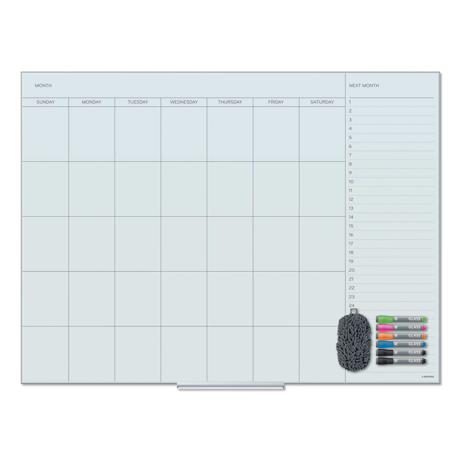 U Brands White Floating Glass Dry Erase Undated One Month Calendar, 48 x 36 inch