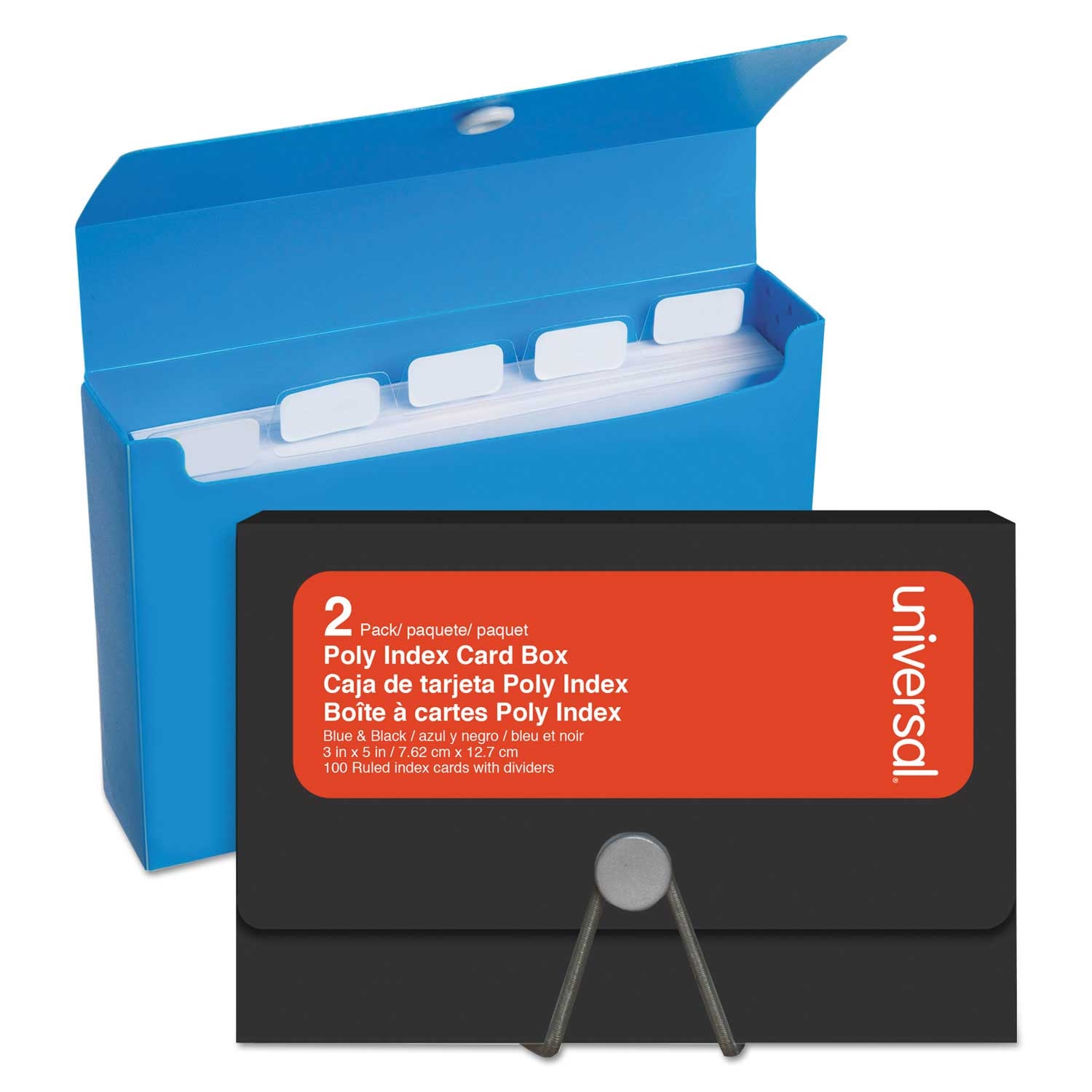 Universal Black/Blue Poly Index Card Box, 3 x 1.33 x 5 inch - 2 count per pack -- 1 pack per case