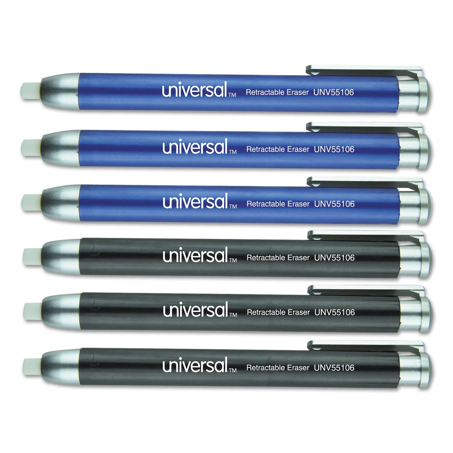 Universal White Thermo-Plastic Rubber Assorted Barrel Color Pen-Style Retractable Eraser - 6 count per pack -- 1 pack per case