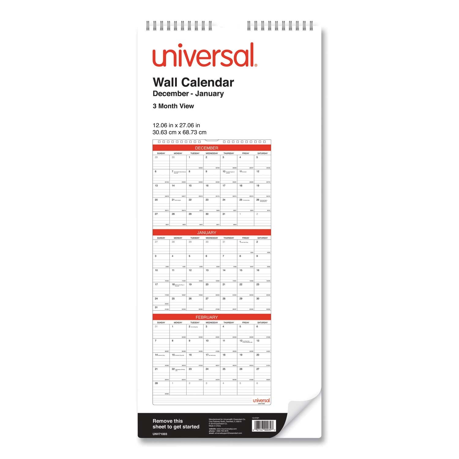 Universal 2021 White/Black/Red Three-Month Wall Calendar, 12 x 27 inch