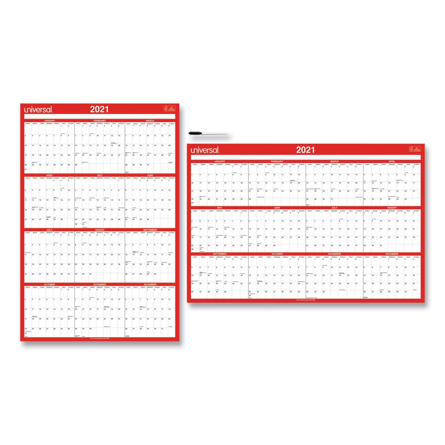 Universal 2021 White/Red Erasable Wall Calendar, 24 x 36 inch