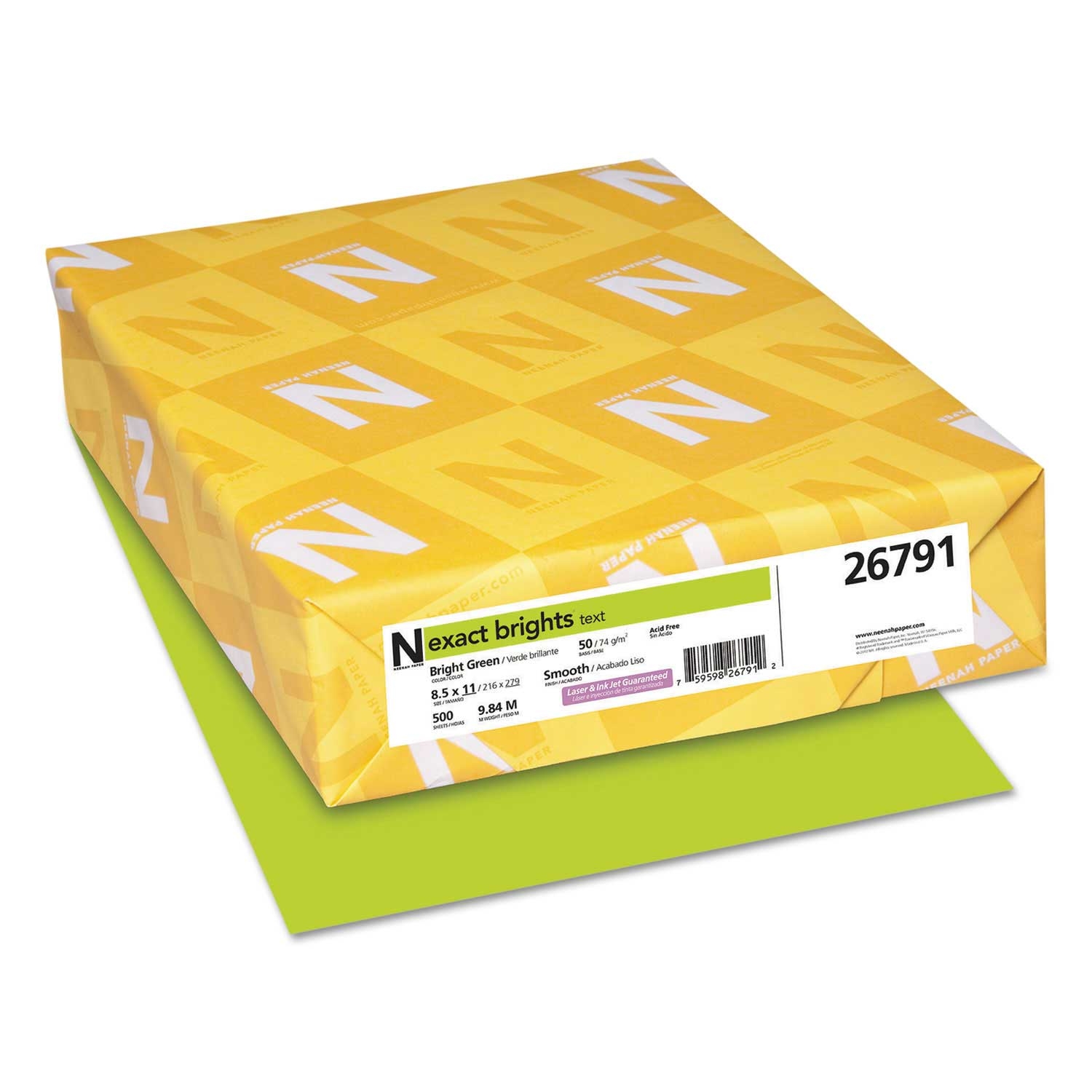 Neenah Paper Bright Green Exact Brights Paper, 8.5 x 11 inch - 500 per reem -- 1 reem per case