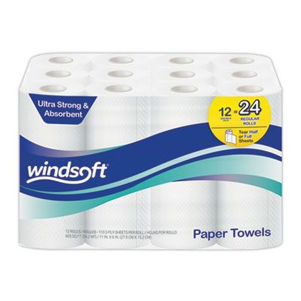 Windsoft White 2-Ply Premium Kitchen Paper Roll Towel, 11 x 6 inch - 110 per roll -- 12 rolls per case