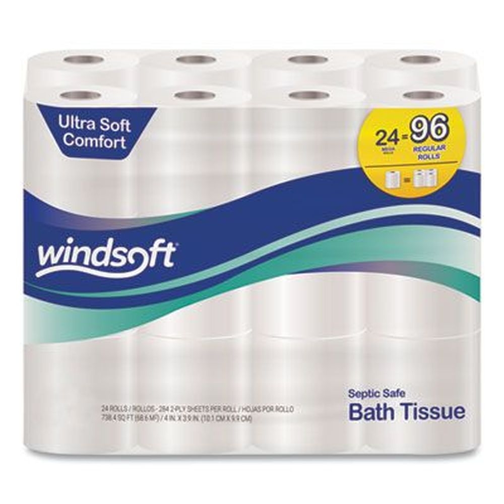 Windsoft Septic Safe White 2 Ply Premium Bath Tissue, 4 x 3.9 inch - 284 sheets per roll -- 24 rolls per case