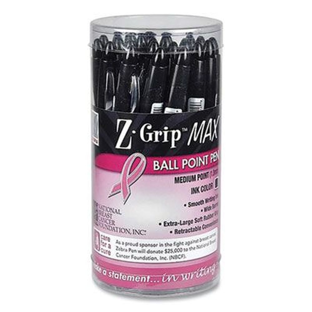Zebra Z-Grip MAX Bold 1.2 mm Black Ink Translucent Black Barrel Retractable Breast Cancer Awareness Ballpoint Pen -- 24 per Pack