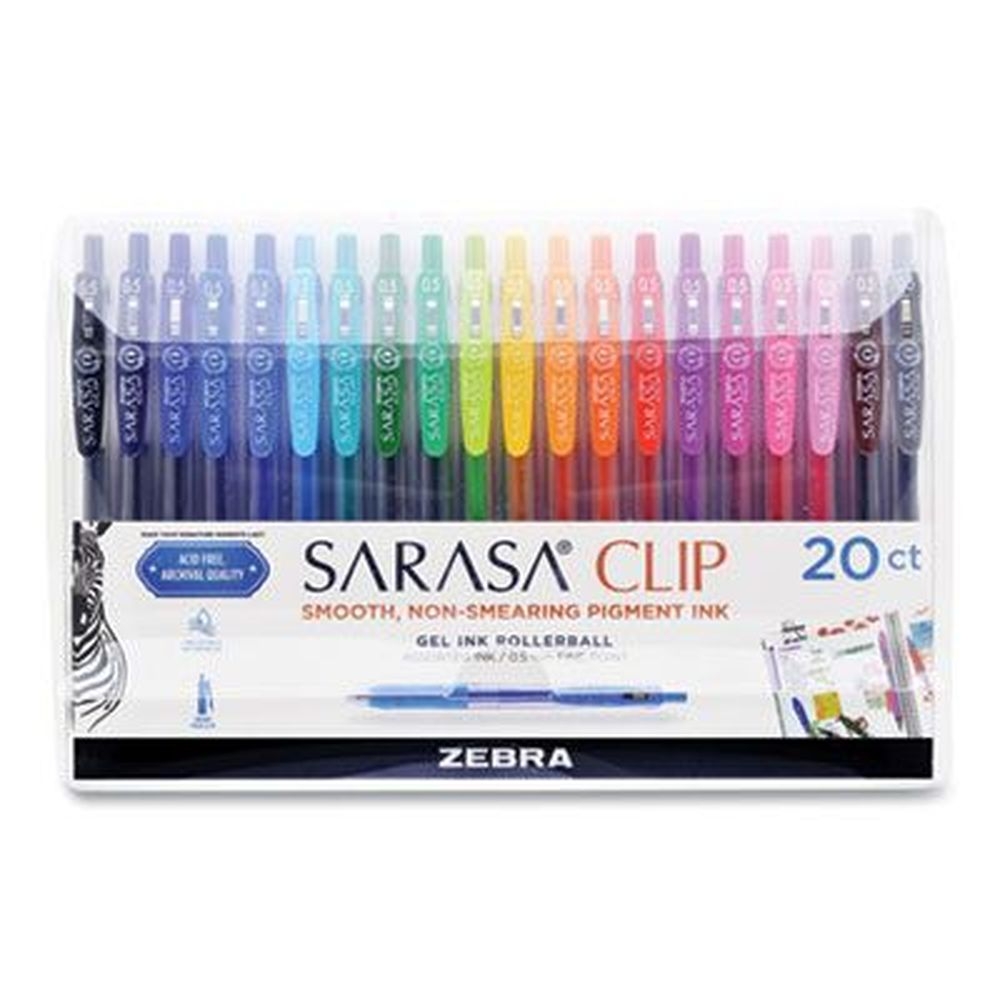 Zebra Fine 0.5 mm Assorted Ink and Barrel Colors Retractable Sarasa Clip Gel Pen -- 20 per pack