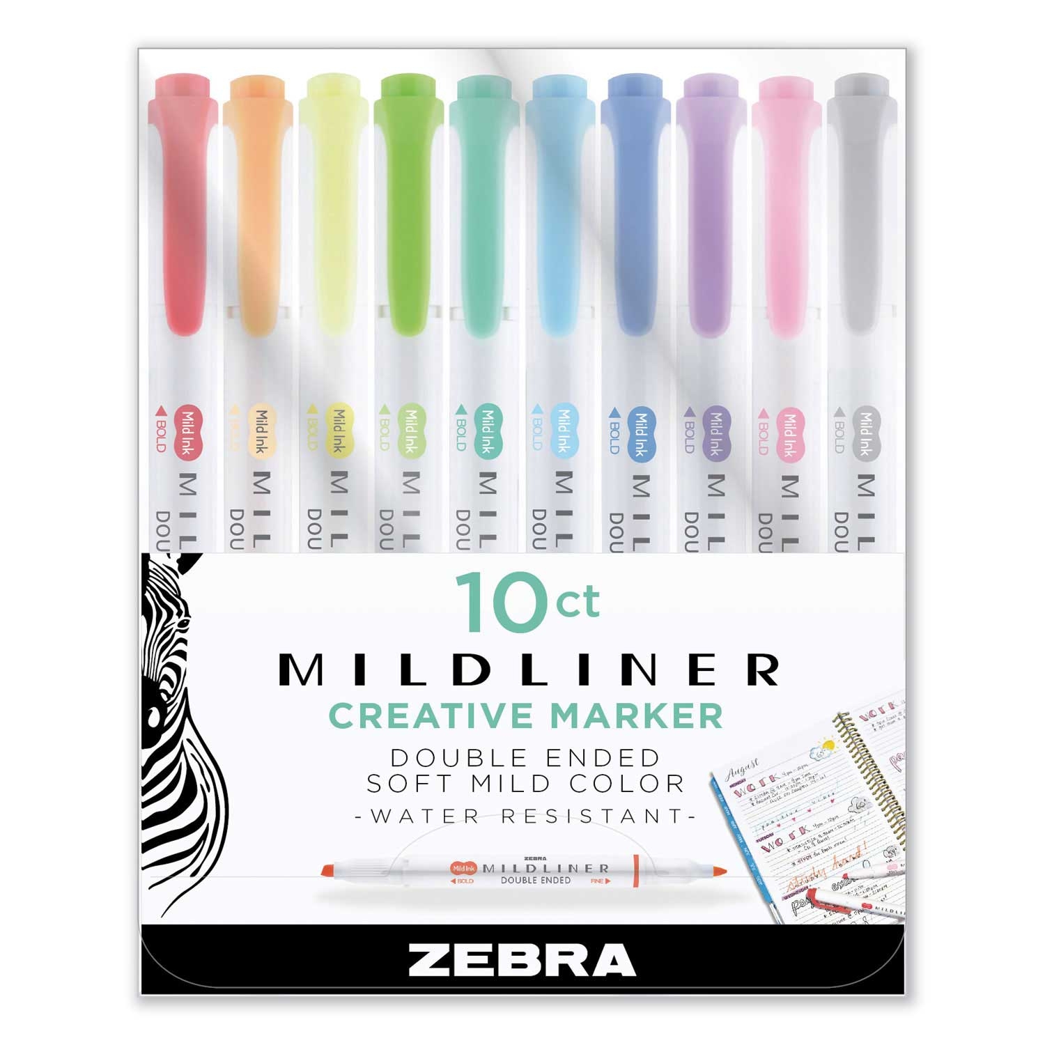 Zebra Assorted Colors Chisel Bullet Tip Mildliner Double Ended Highlighter - 10 per set -- 1 set