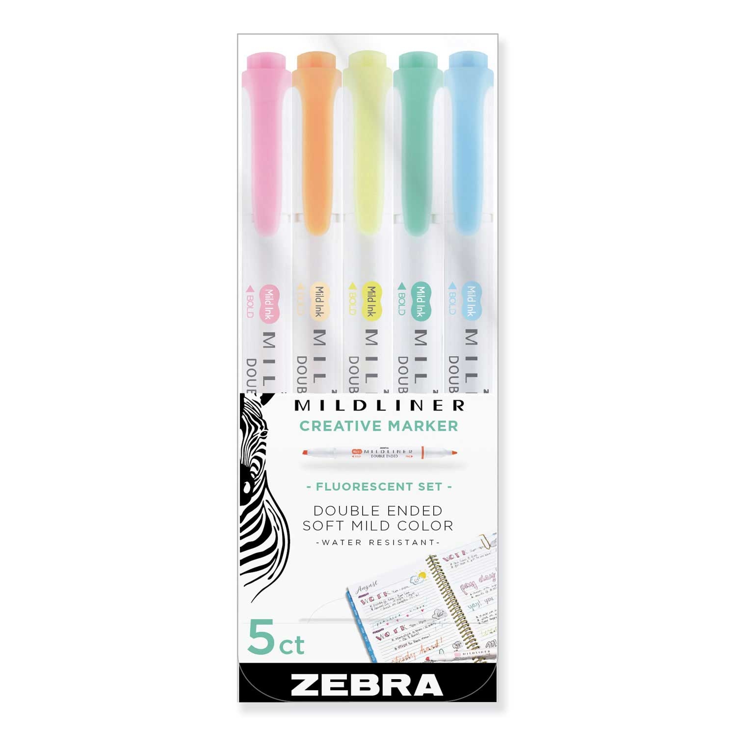 Zebra Assorted Colors Chisel Bullet Tip Mildliner Double Ended Highlighter - 5 count per pack -- 1 pack per case