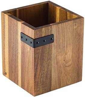 Tablecraft Industrial Collection Acacia Wood with Metal Banding Cutlery Holder, 5 x 5 x 6 inch
