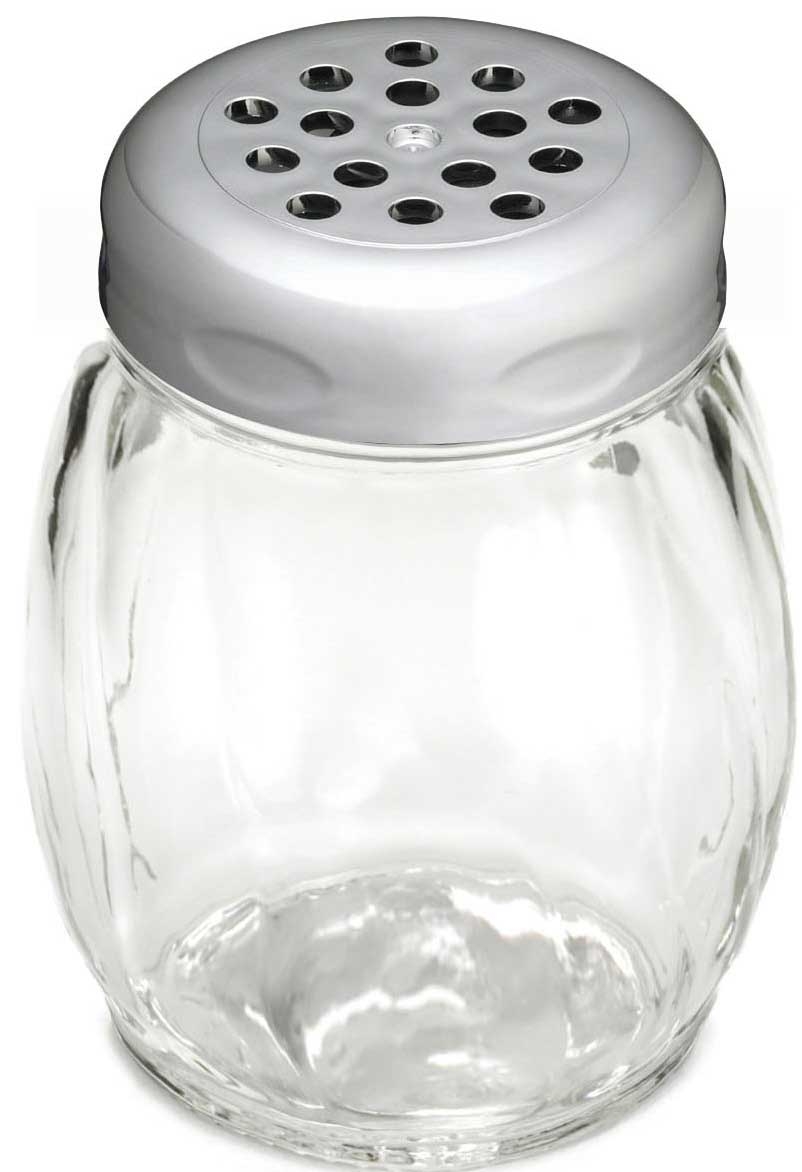 Tablecraft Chrome Plated Perforated Plastic Top Swirl Glass Shaker, 6 Ounce -- 12 per case.