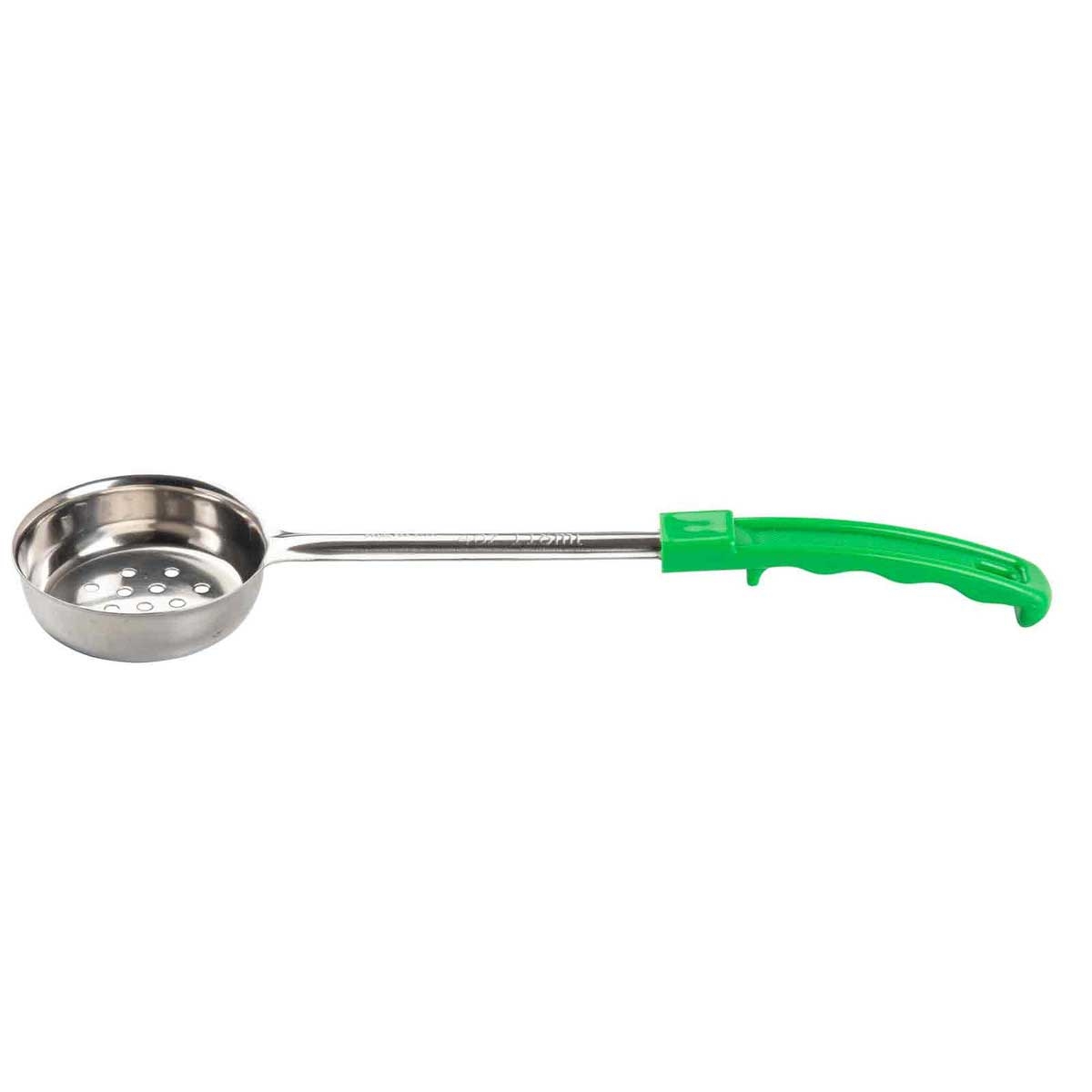 Tablecraft Stainless Steel Perforated One Piece Spoonout with 10.25 inch Green Handle, 4 Ounce Capacity