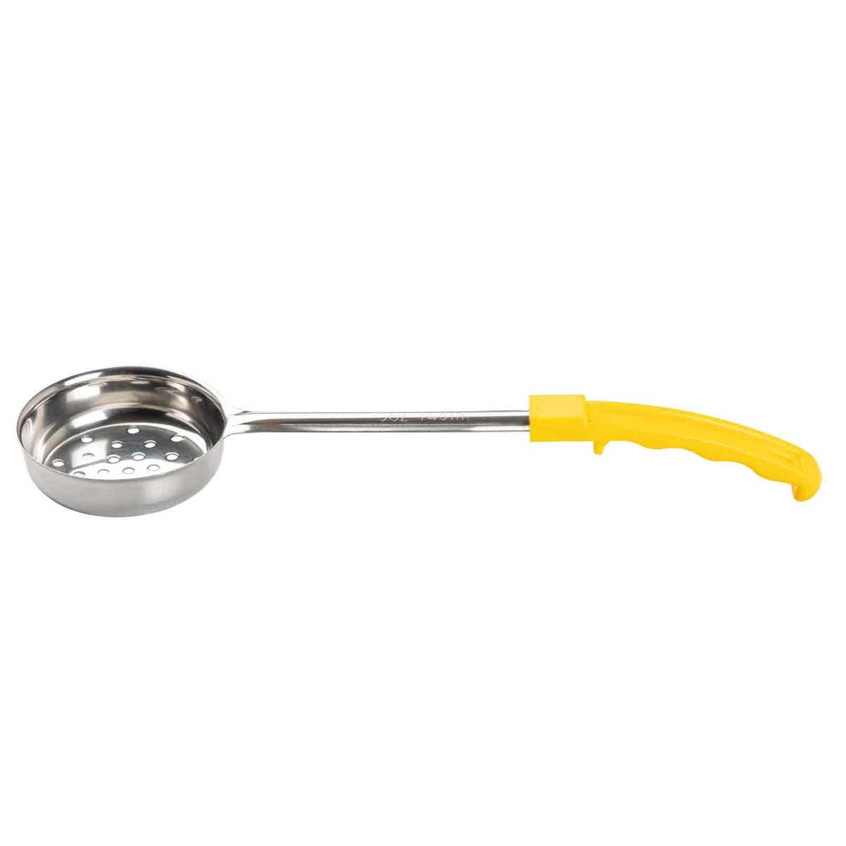 Tablecraft Stainless Steel Perforated One Piece Spoonout with 10.25 inch Yellow Handle, 5 Ounce Capacity