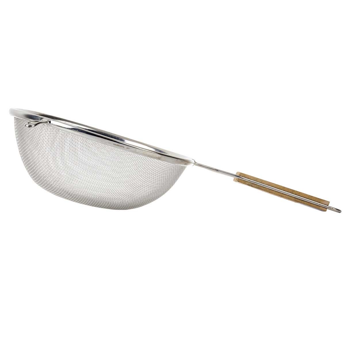 Tablecraft Tin Plated Single Medium Mesh Strainer with Wood Handle, 8 inch Dia.