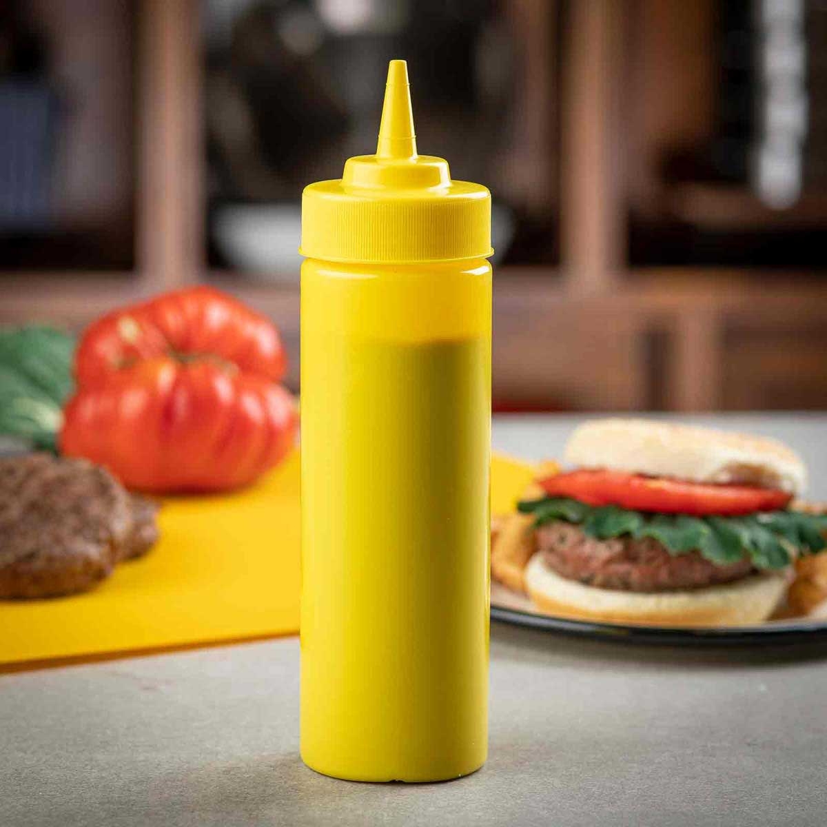Tablecraft Polyethylene 12 Ounce Yellow Mustard Squeeze Bottle with Cone Tip and Natural Top, 6 count -- 12 per case