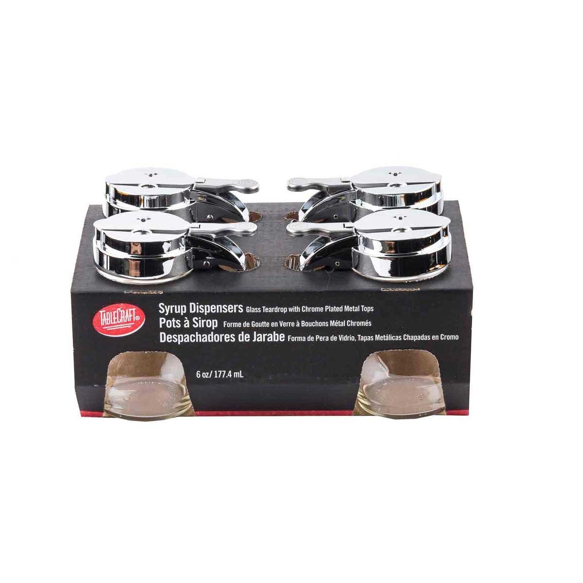 Tablecraft 6 Ounce Teardrop Glass Syrup Dispenser with Chrome Plated Metal Top, 4 count -- 4 per case