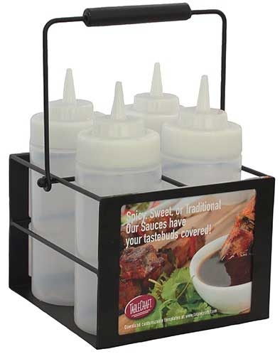 Tablecraft Black Powder Coated Squeeze Bottle Caddy with Handle, 7.25 x 7.25 x 4.875 inch -- 2 per case.