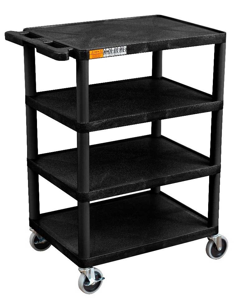 Luxor Black Four Flat Shelf Structural Foam Plastic Cart, 24 x 18 x 39 inch Height
