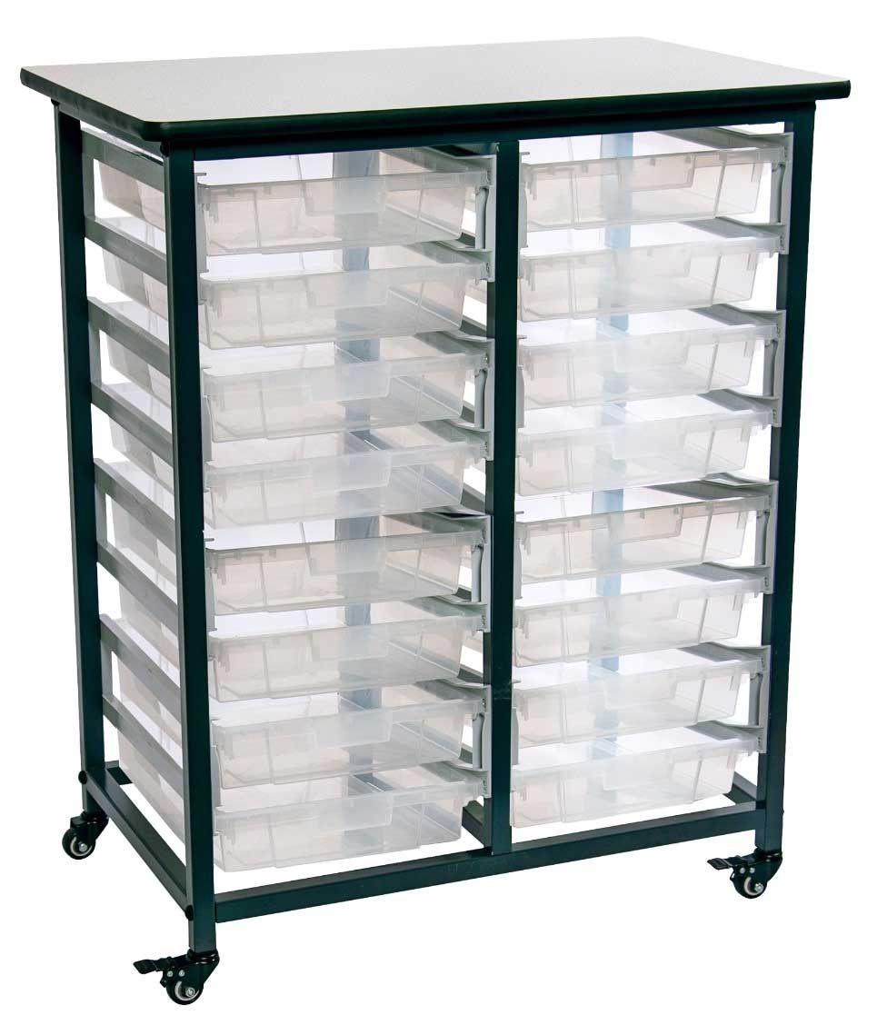 Luxor Gray Double Row Mobile Bin Storage Unit with Small Clear Bins, 30.75 x 20 x 37.5 inch Height