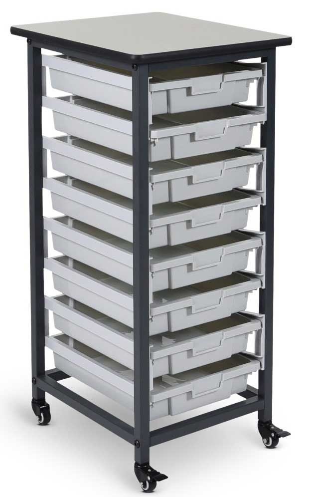 Luxor Gray Single Row Mobile Bin Storage Unit with Small Gray Bins, 17.125 x 20 x 37.5 inch Height