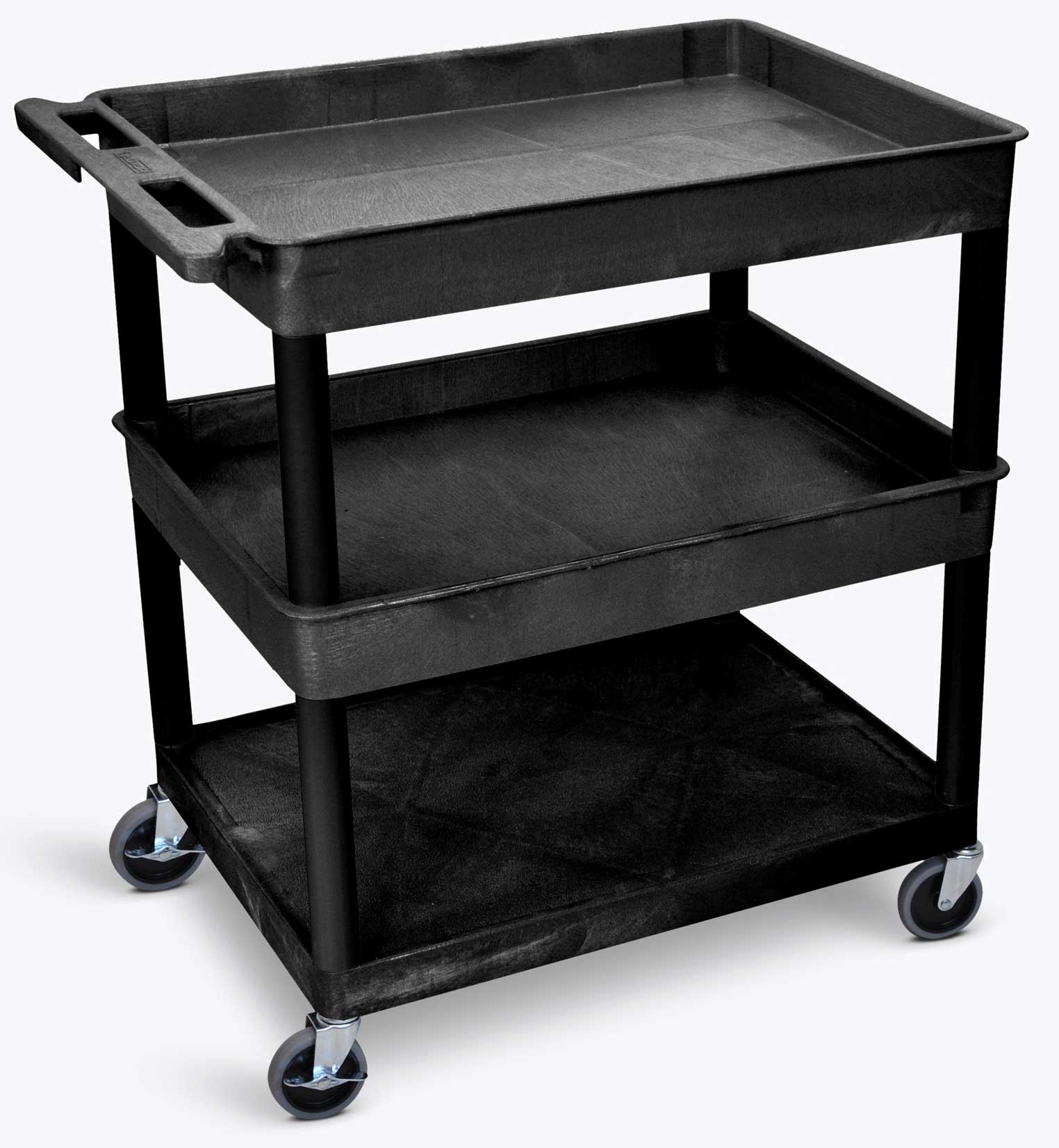 Luxor Black Large Tub Top/Middle and Flat Bottom Shelf Cart, 32 x 24 x 36.5 inch Height