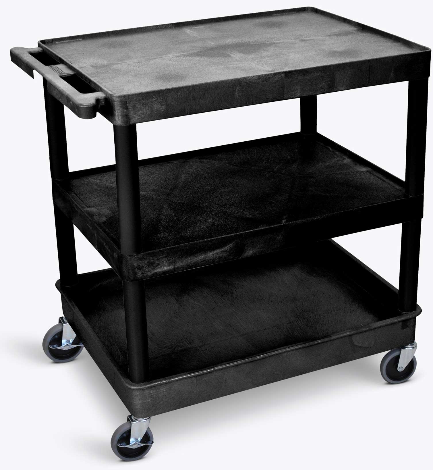 Luxor Black Large Flat Top/Middle and Tub Bottom Shelf Cart, 32 x 24 x 37.5 inch Height