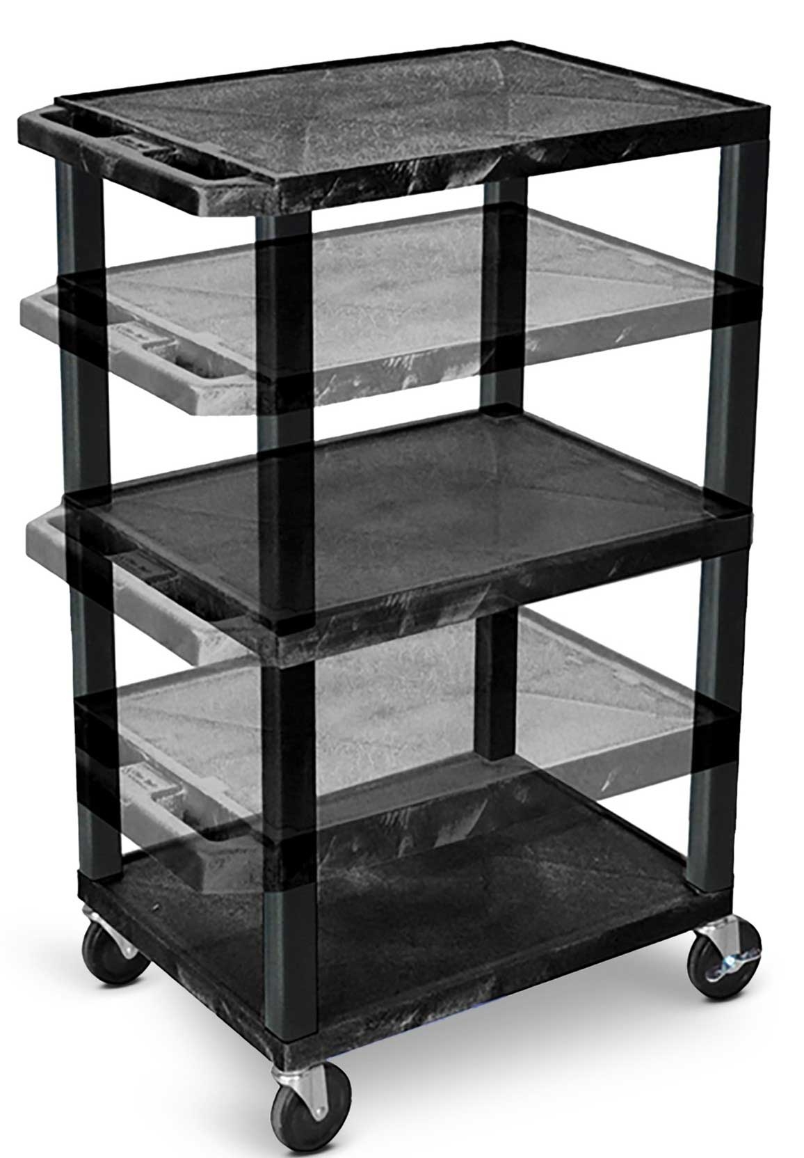 Luxor Black Multi-Height AV Cart with 3 Shelves and Black Legs, 24 x 18 x 16 to 42 inch Height