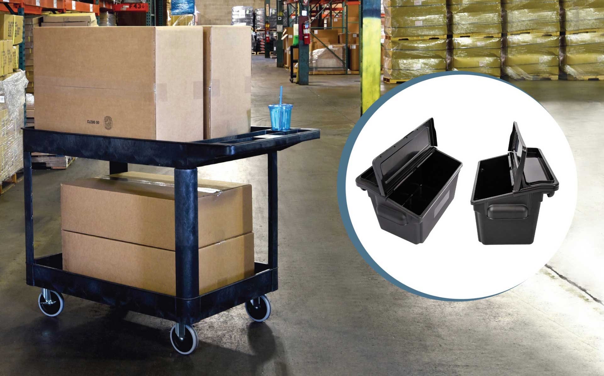 Luxor Black Two Shelves Heavy Duty Utility Tub Cart with Outrigger Utility Cart Bins, 24.5 x 45.5 x 33 inch Height