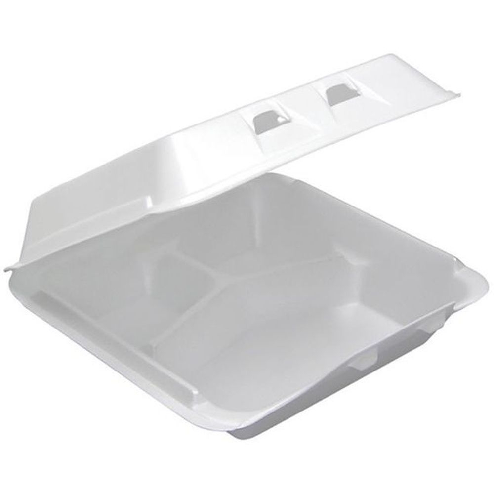 White Polystyrene Foam 3 Compartment Container with Hinged Lid