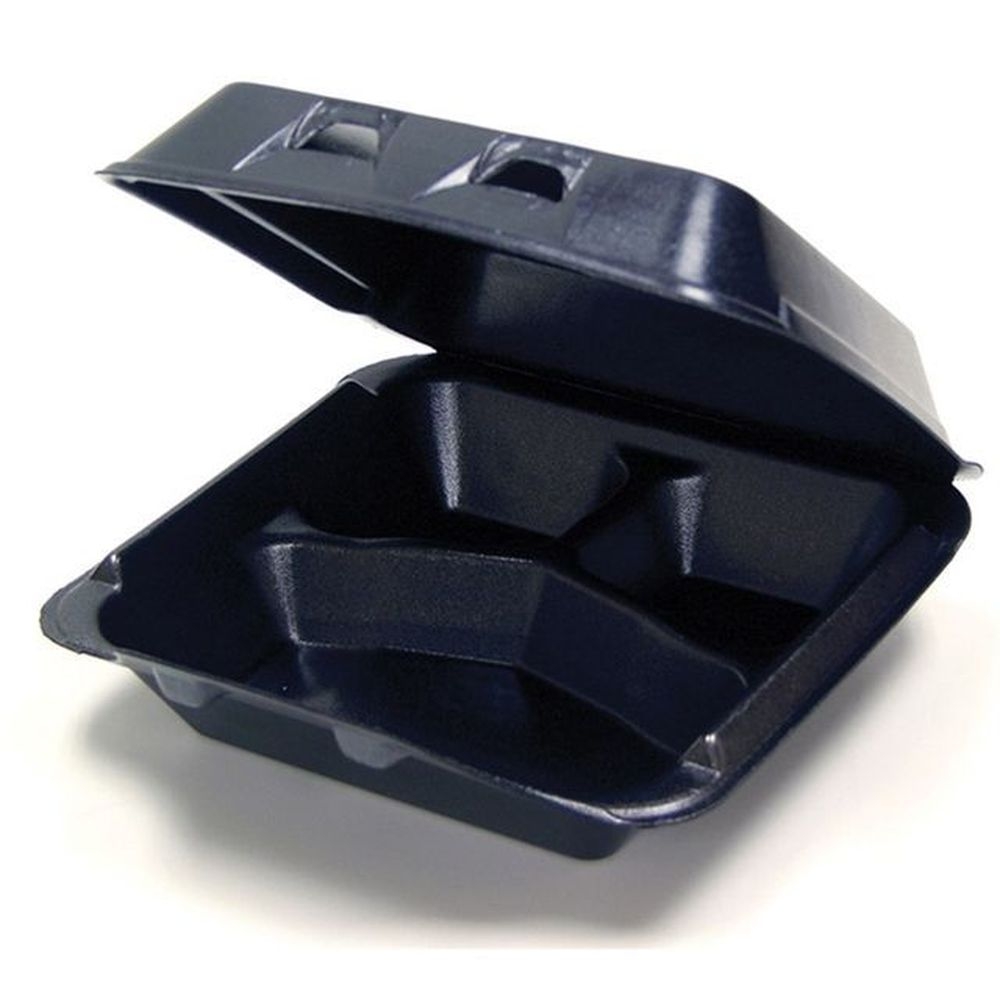 Black Polystyrene Foam 3-Compartment Container with Hinged Lid
