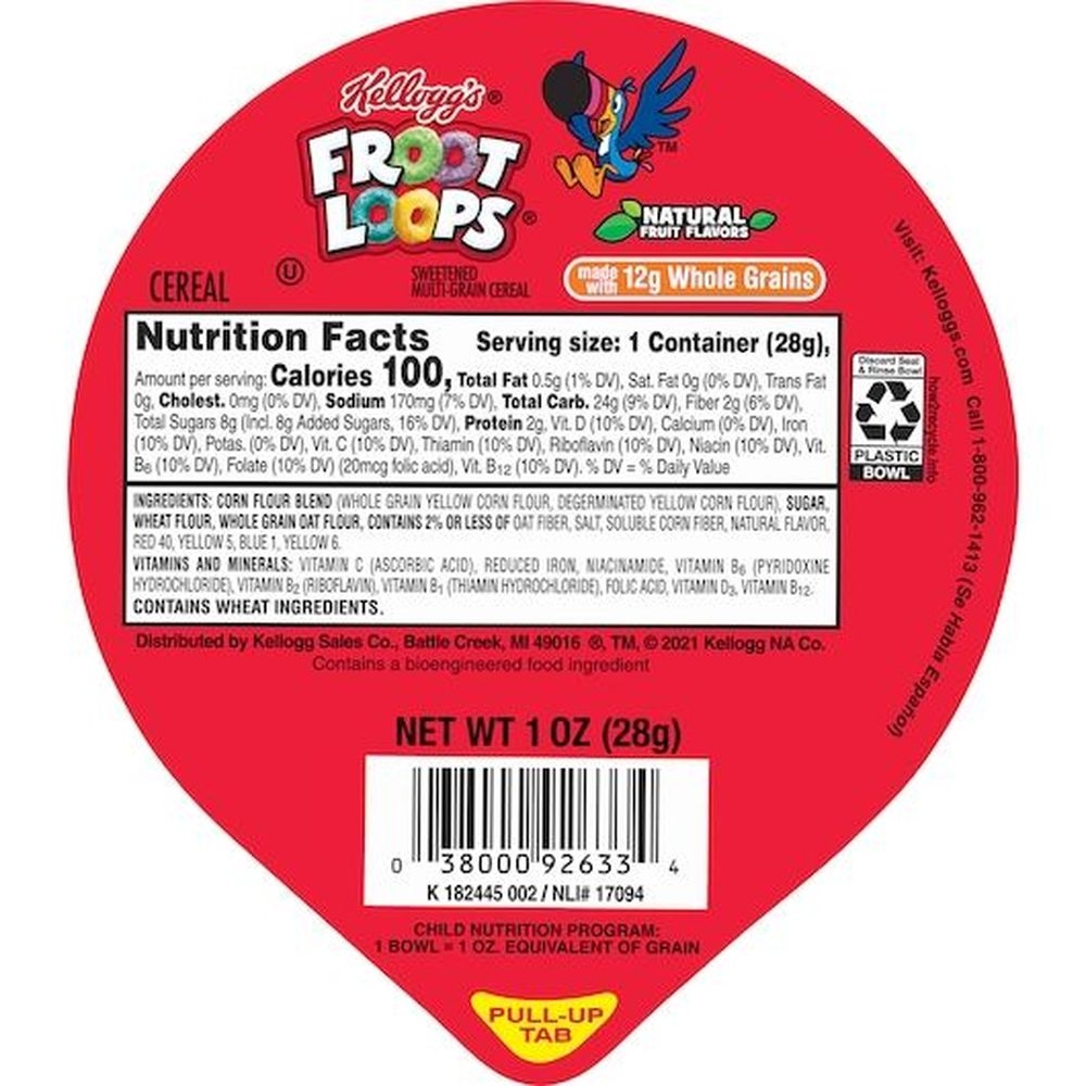 Kelloggs Froot Loops Reduced Sugar Whole Grain Cereal, 1 Ounce Bowl -- 96 per case.