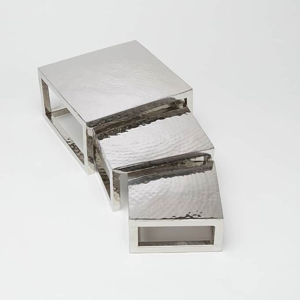 American Metalcraft Hammered Stainless Steel Frame Square Riser Set With Solid Top, Set Of 3
