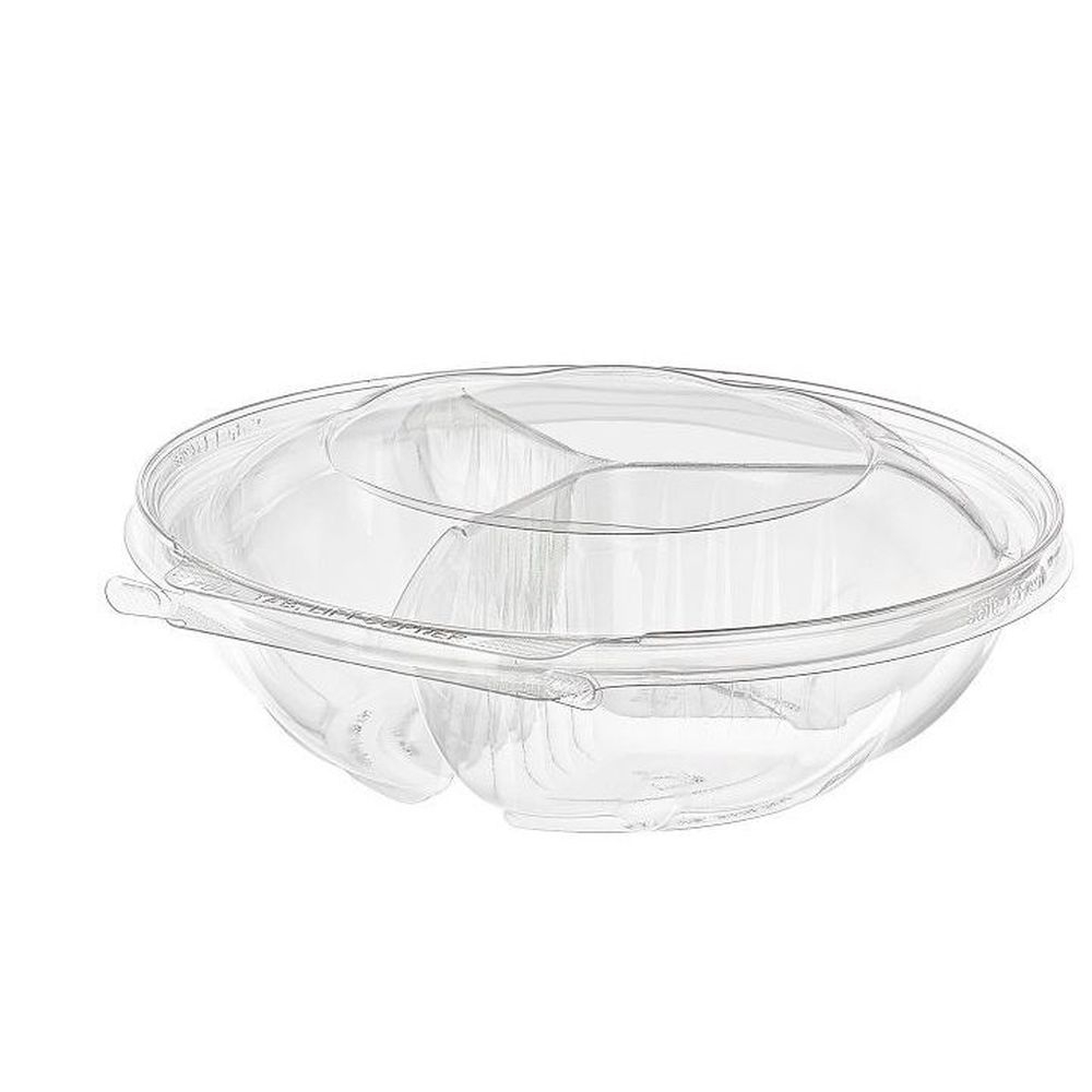 PET Round 3 Compartment Tamper Evident Container with Hinged Lid