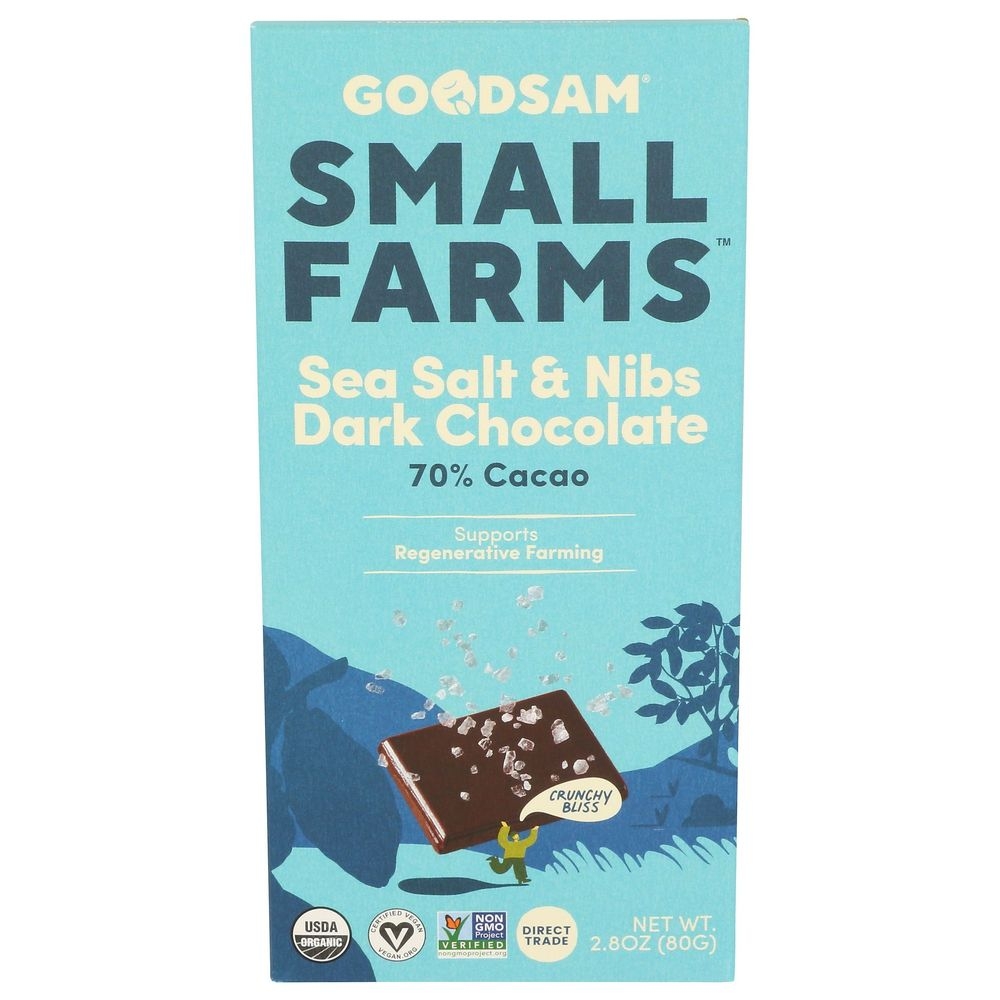 Organic Small Farms Sea Salt and Nibs 70 Percent Cacao Dark Chocolate Bar