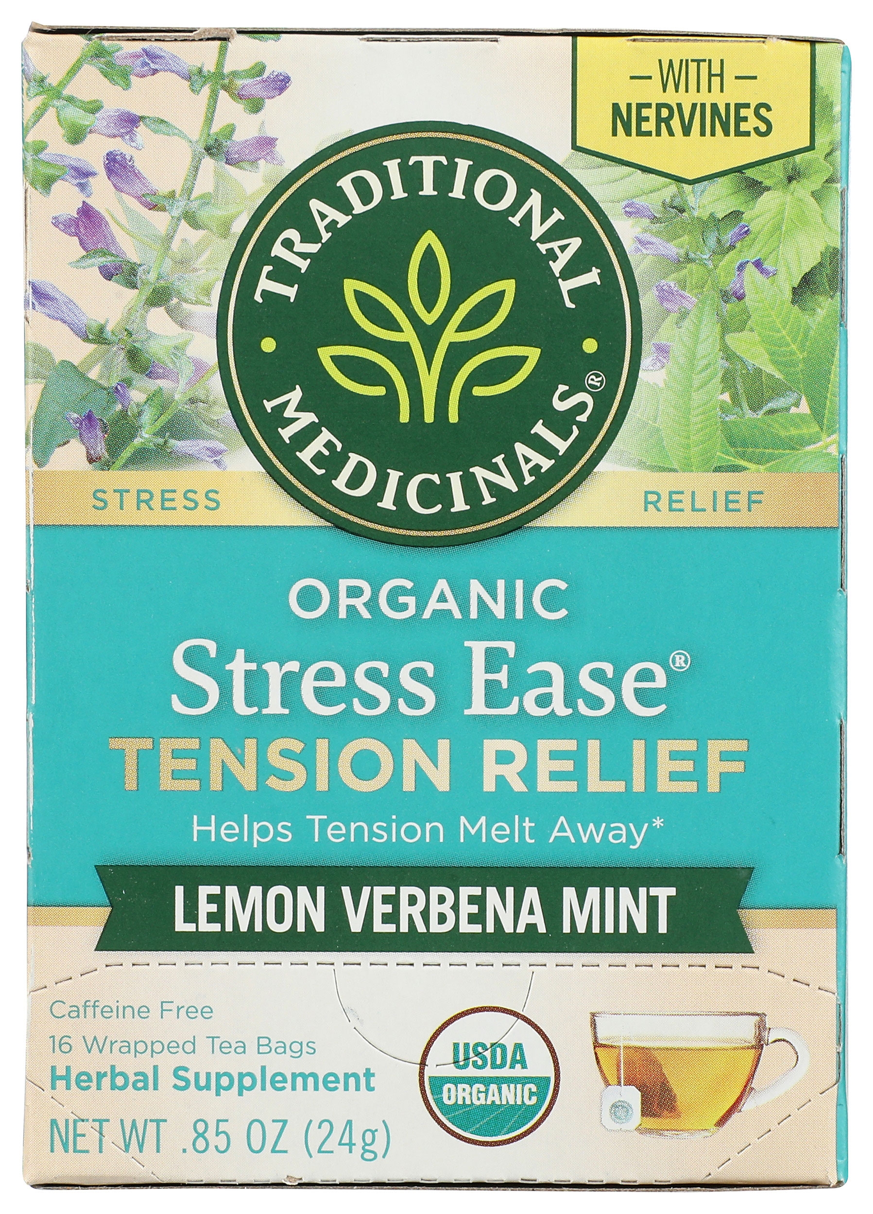 Traditional Medicinals Organic Lemon Verbena Mint Stress Ease Herbal Tea, 16 tea bags -- 6 per case