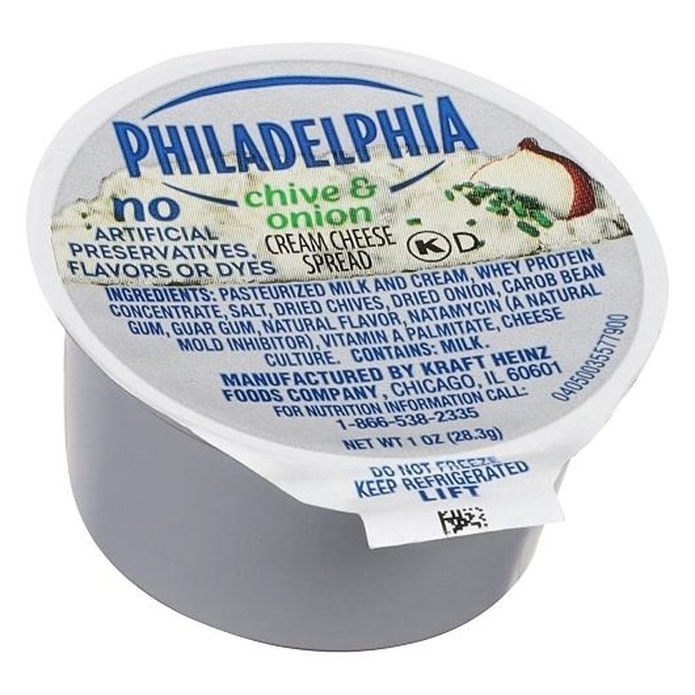 Kraft Philadelphia Chive and Onion Cream Cheese - Cup, 1 Ounce -- 100 per case.