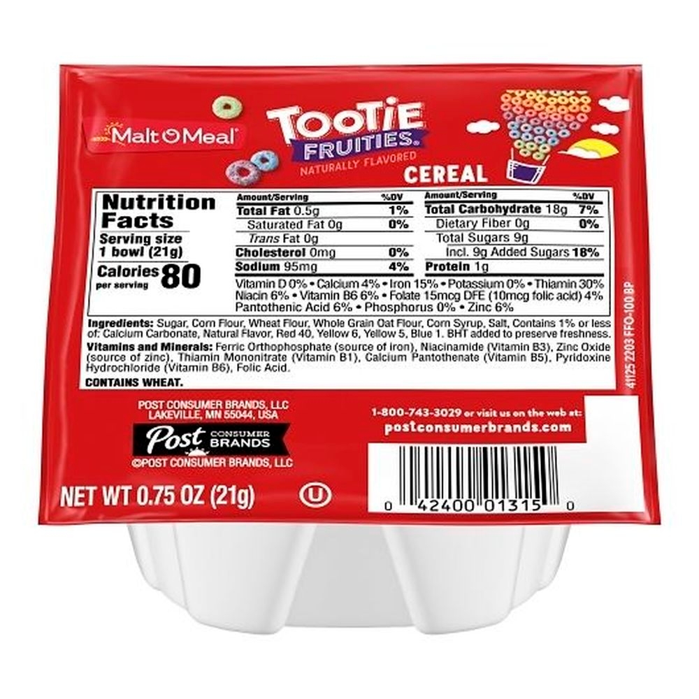 Malt-O-Meal Single Serve Tootie Fruities Bowl Pack Cereal, 0.75 Ounce -- 96 per case.