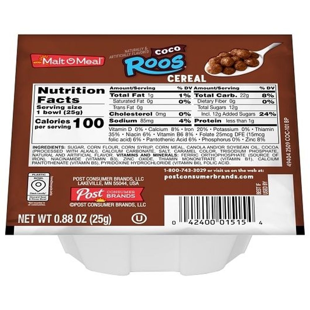 Malt-O-Meal Coco-Roos Cereal, Single Serve Bowl, 0.875 Ounce -- 96 per case.