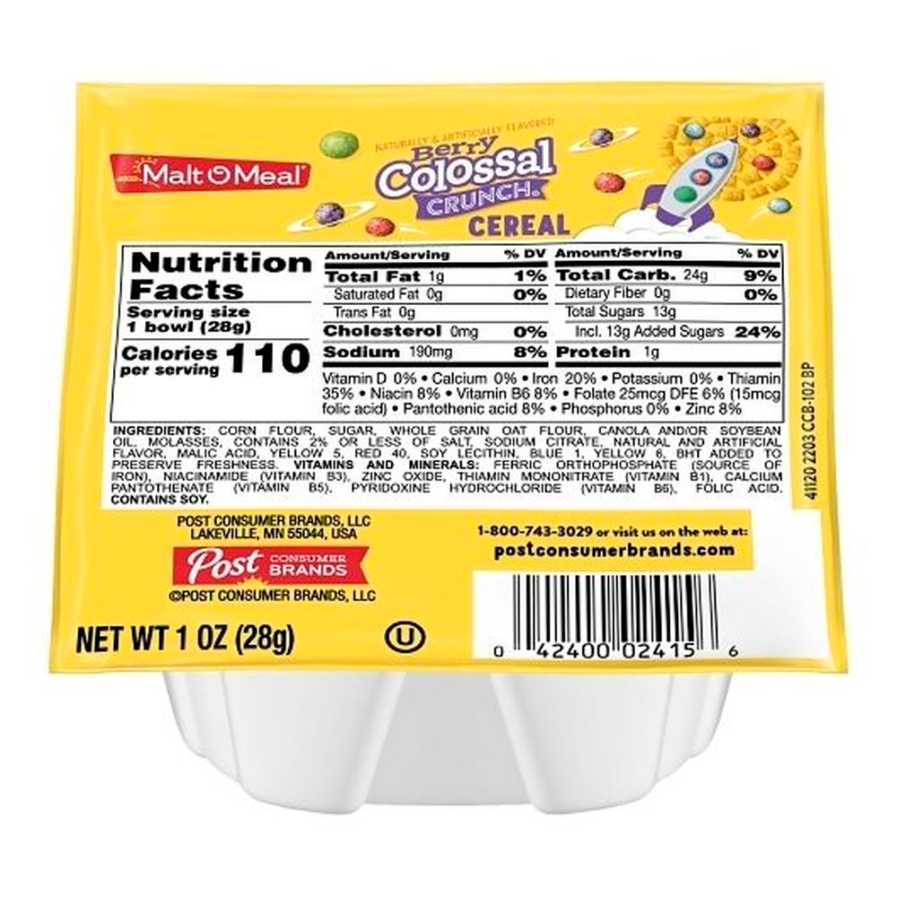 Malt-O-Meal Single Serve Berry Colossal Crunch Bowl Pack Cereal,1 Ounce -- 96 per case.