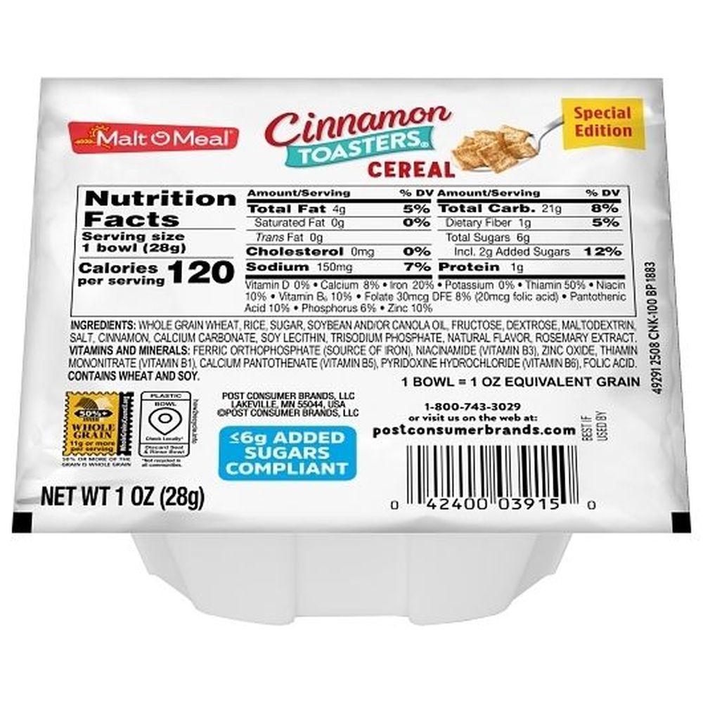 Malt-O-Meal Single Serve Cinnamon Toasters Bowl Pack Cereal, 1 Ounce -- 96 per case.