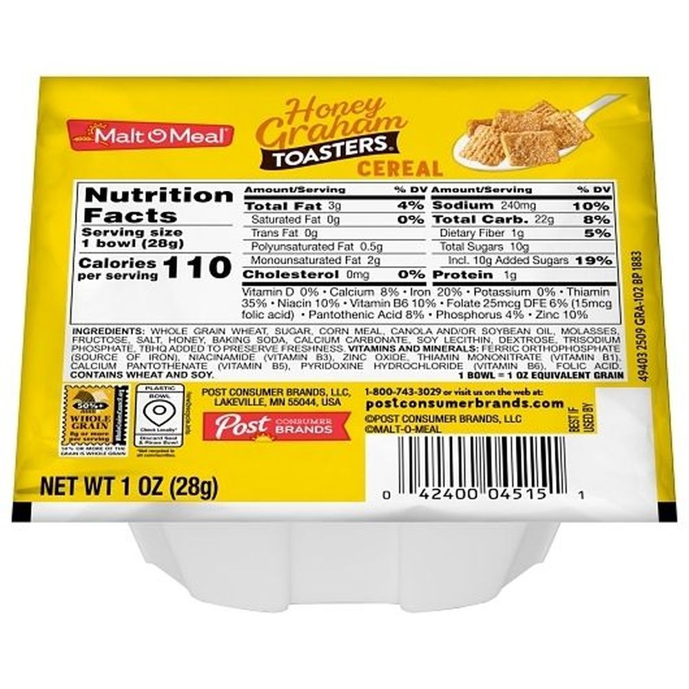 Malt-O-Meal Single Serve Honey Graham Crunch Bowl Pack Cereal, 1 Ounce -- 96 per case.